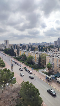 City top view, landscape blue gray light sky nature white clouds whether background. High quality...