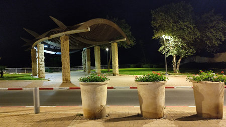 large flower vases outdoors in the city, night decorative landscaping. High quality photoの写真素材