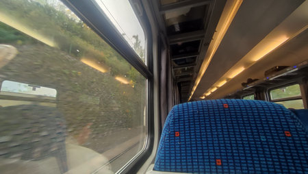 October 23 2024 Prague city Czech Republic Europe, window and interior of a passenger train,...