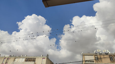 blue sky white clouds background nature air atmosphere weather, round sin light. High quality photoの写真素材