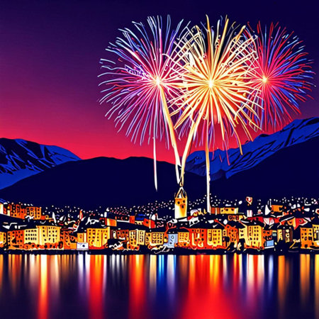 City town centre, culture Christmas new year fireworks holiday night illustration. High quality illustrationの写真素材