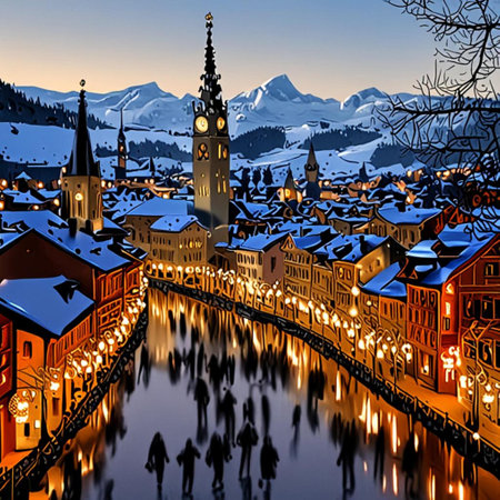 Bern Switzerland new year Christmas fireworks holiday night illustration. High quality illustrationの素材