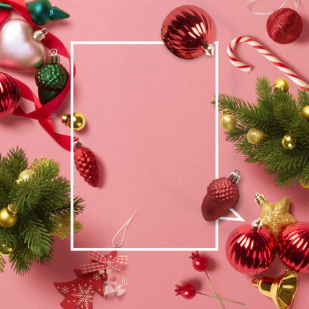 new year pink red white green background christmas, toys gifts fir branches, template. High quality illustrationの写真素材