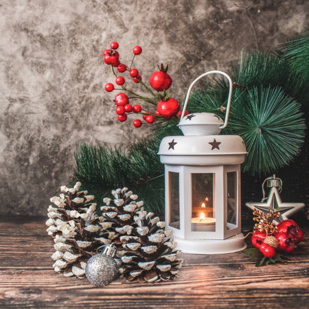 new year red green gray background christmas holiday, toys gifts star lamp fir branches, template. High quality illustrationの写真素材