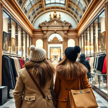 two girls tourists in winter coats and hats Milan, Italy gallery. High quality photoの素材