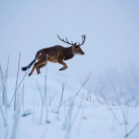Winter wildlife nature snow trees weather white brown blue sky background. High quality photoの素材