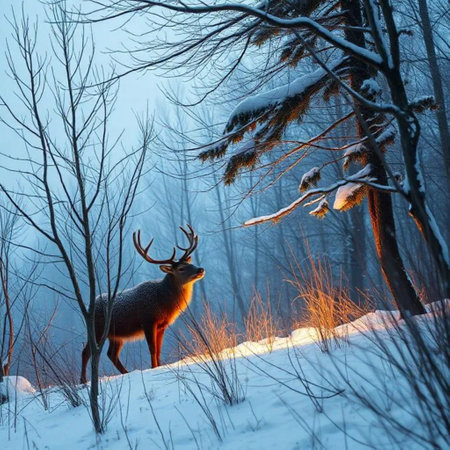 Winter wildlife nature snow trees weather white brown blue sky background. High quality photoの素材