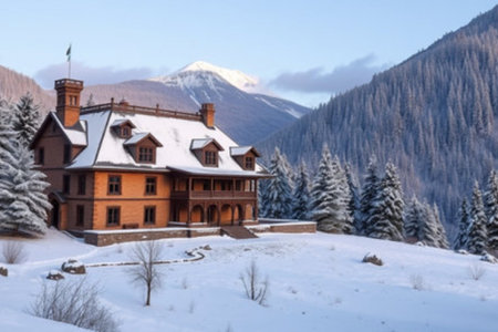 winter landscape snow house villa forest mountain High quality photoの写真素材