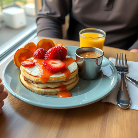 american breakfast food scrambled eggs plates table fruits and juice. High quality photo