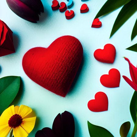 Red hearts arranged with green leaves and flowers on a light blue background. High quality photo