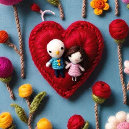 A knitted red heart with small decorative dolls, surrounded by colorful yarn flowers on a blue background. High quality photoの写真素材