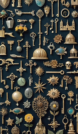 Antique ornate keys gold icons black background. High quality photo