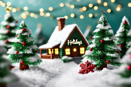 winter landscape, gifts, snow, green branches of pine forest, christmas light, new year holiday, red...
