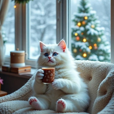 white fluffy cat sits in a chair, drinks hot chocolate, winter pet animal window snow Christmas tree, New Year holiday season. High quality photoの写真素材