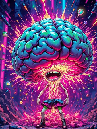 brain explosion, silhouette head, neon light, violet purple blue brainstorm symbol, 3D art abstract...