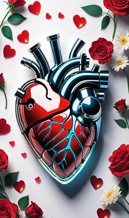 mechanism heart red gray metal valentine's day roses flowers love simbol holiday. High quality 3d illustrationの写真素材
