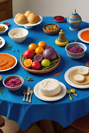 Holiday food on the table, traditional different sauces white plate, plates blue tablecloth. High quality 3d illustration Christmasの写真素材