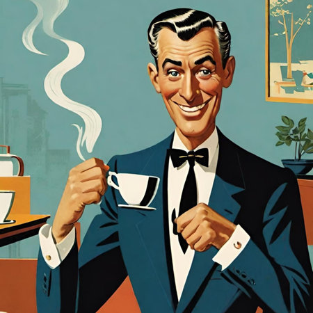 man in suit with bow tie holding cup of coffee in hand. High quality illustrationの写真素材
