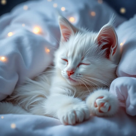 Sleeping cute kitten night dreaming white pet animal fantasy world. High quality altの写真素材