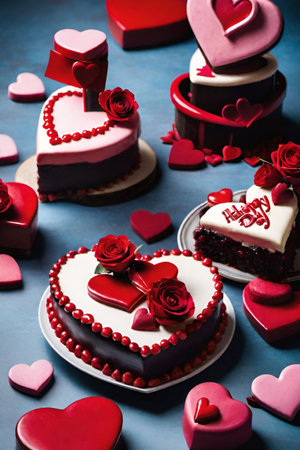 sweet cake heart love valentine's day dessert red pink roses cream food tasty beautiful decorated plate. High quality photo altの写真素材
