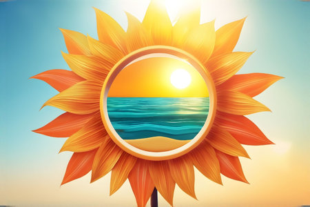 sun sea summer rest tourism yellow blue sky illustration . High quality illustration round shape sunflowerの写真素材