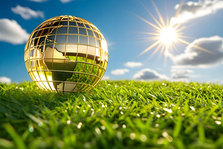 golden globe green grass blue sky ecology climate nature sun light landscape earth planet generated...