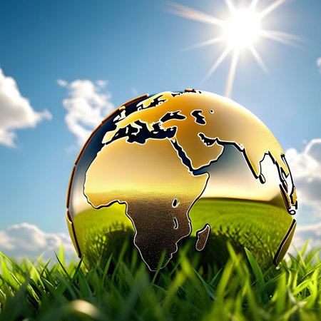 golden globe green grass blue sky ecology climate nature sun light landscape earth planet generated ai alt illustration background image wallpaper . High quality 3d illustrationの写真素材