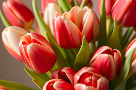 tulip bouquet flowers nature spring flora red white green plants biology botanical garden generated ai alt. High quality 3d illustrationの写真素材