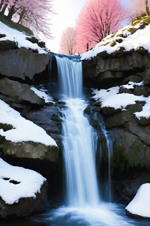 waterfall water forest nature green stones pink landscape background trees pink white snow spring travel illustration blue . High quality 3d illustrationの写真素材