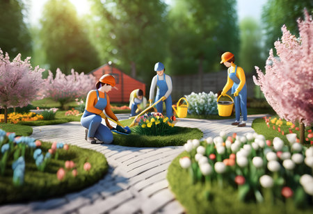 Gardeners planting flowers spring nature working workshop. High quality photo illustration image wallpaper poster decor designの写真素材