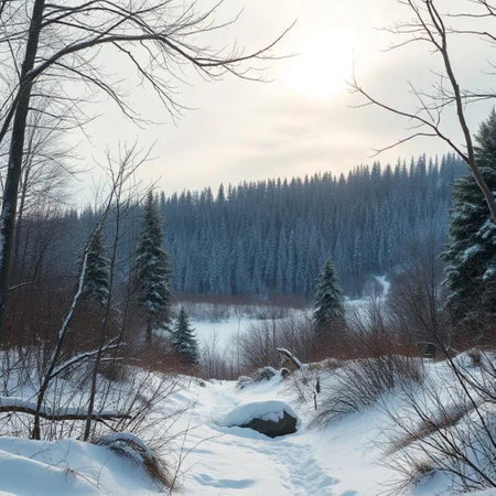 Winter wildlife nature snow trees weather white brown blue sky background. High quality photoの写真素材