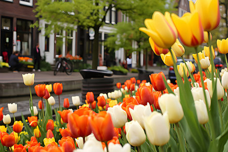 tulips beautiful flowers spring march flora plants petals street Holland Amsterdam botanical garden variety. High quality photo city Europe travel placesの写真素材