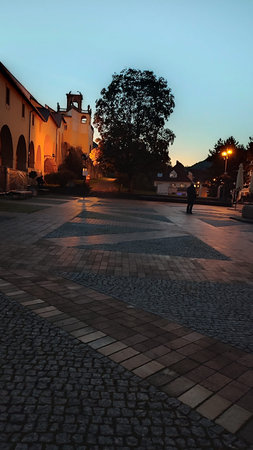 Sunset town square city center old evening travel landscape nature trees park architecture outdoor....