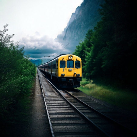 train yellow carriage transport movement industrial travel nature trees landscape park. High quality...