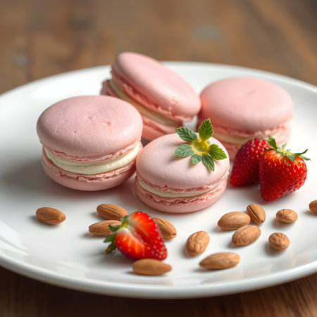 Macaroon. High quality photo pink cookies with cream on white plate food dessert sweets pastries strawberryの写真素材