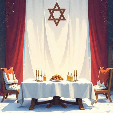 round table tablecloth food jewish holiday Passover Magen David star decorations generated ai alt. High quality p illustrationの写真素材
