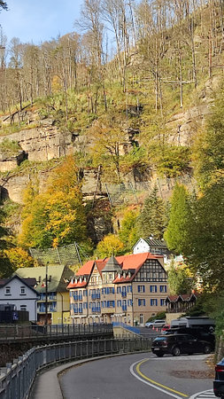 October 17 2024 Hrensko Czech Republic Europe Colorful hillside houses city centre town architecture street building autumn nature tree shotlisttravel travel tourismの写真素材