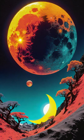 abstract planet art sun shape red yellow black night light cosmic plasma illustration. High quality...