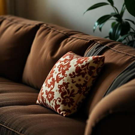 Brown burgundy sofas and pillow furniture evening comfort. High quality photoの写真素材