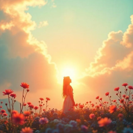 girl red flowers sunset sunrise sky clouds. High quality illustrationの写真素材