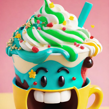 full cup of happiness coffee smile drink summer generated illustration render 3d ai alt colors bright blue yellow red cafe drinks drink . High quality 3d illustrationの写真素材