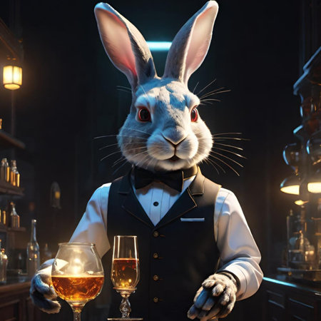 rabbit waiter bartender bunny easter restaurant drink service vest bow tie holiday animal generated 3D ai alt illustration render . High quality 3d illustrationの写真素材