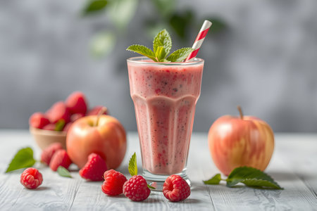fruit cocktail in glass cup apples raspberries drink summer health breakfast nutrition food diet vitamins generated ai alt rendering 3D render illustration . High quality 3d illustrationの写真素材