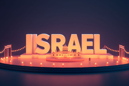 Israel orange text font 3D render generated rendering illustration country independence black background light night holiday travel tourism ai alt . High quality 3d illustrationの写真素材