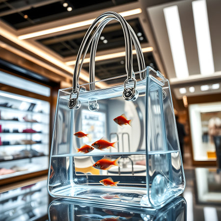 photo realistic transparent blue handbag with fish, elegant design women's accessory in fashion store. High quality photoの写真素材