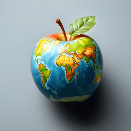 3d apple on a gray background, world map on it. High quality 3d illustrationの写真素材