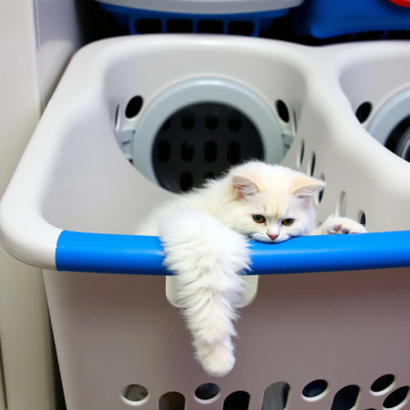 Fluffy cat basket plastic object, white cute pet animal home. High quality photoの写真素材