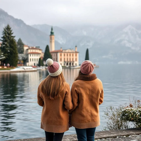 two girls friends in coats and hats travel Italy lake, stand with their backs in Europe in winter. High quality photoの写真素材