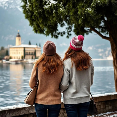 two girls friends in coats and hats travel lake, stand with their backs in Europe in winter. High quality photoの写真素材