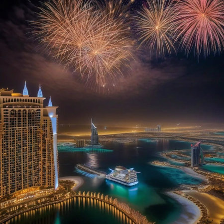 Dubai fireworks night holiday New Year hotel famous building place. High quality illustration